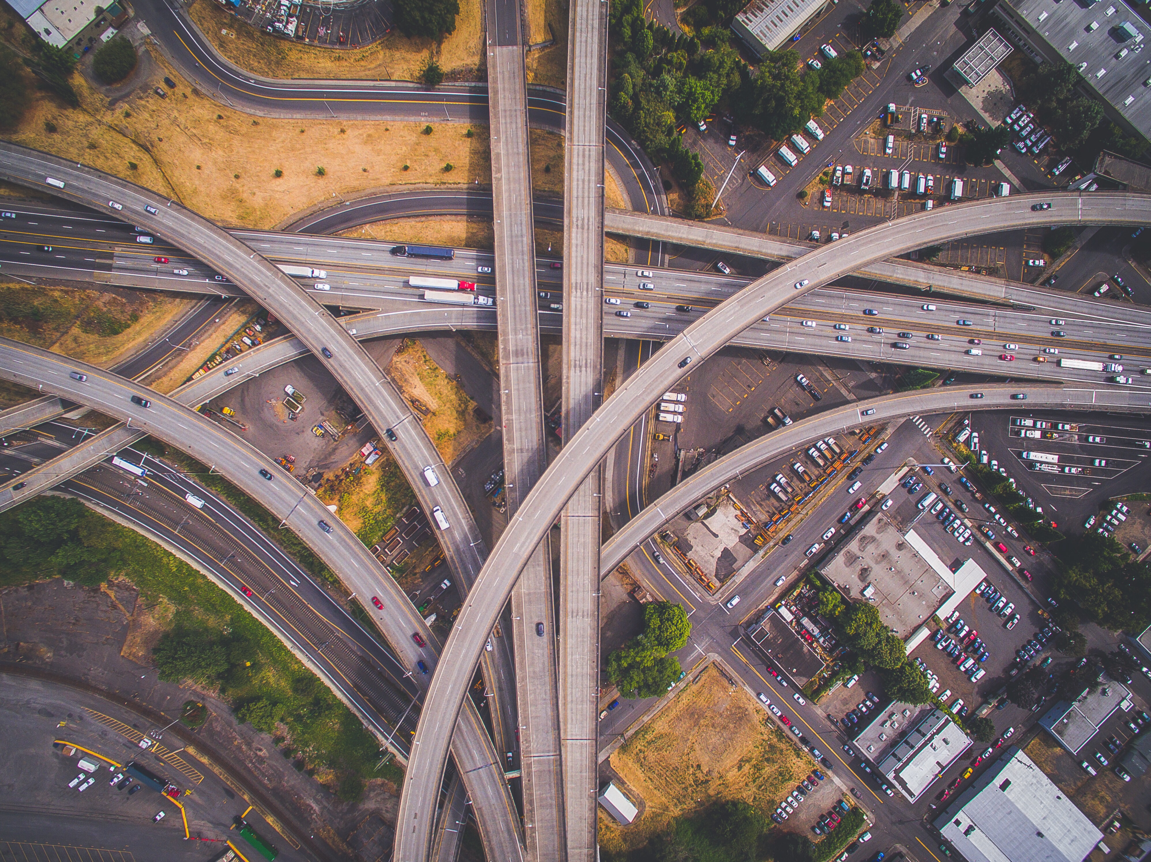 Aerial view of a complex highway interchange